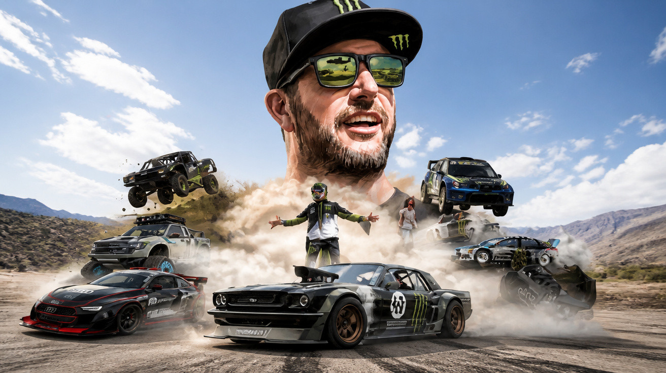 Montagem com carros de corrida em ação, motorista e rosto grande com boné e óculos escuros ao fundo.