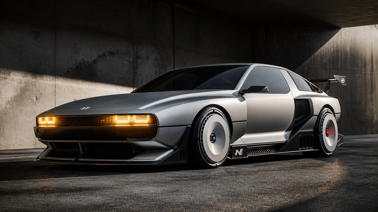 Carro esportivo cinza futurista estacionado em ambiente urbano com faróis dianteiros acesos e aerofólio traseiro.