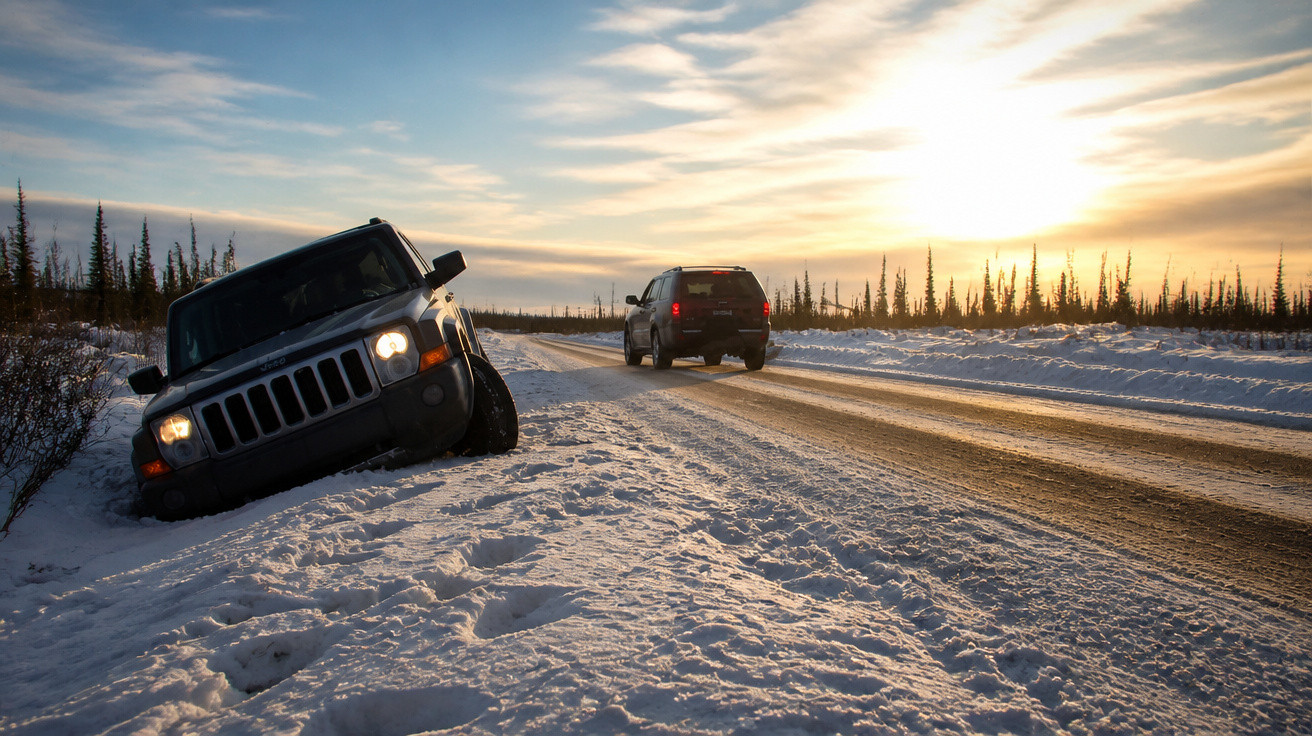 Carro preso na neve no acostamento de estrada congelada ao pôr do sol com outro veículo passando.