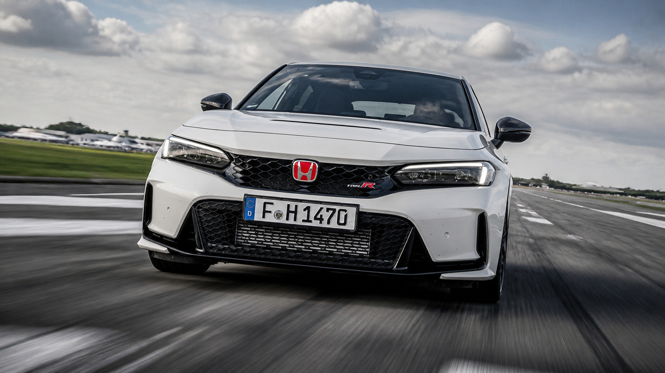 Carro esportivo branco Honda Civic Type R em alta velocidade numa pista de corrida sob céu nublado.