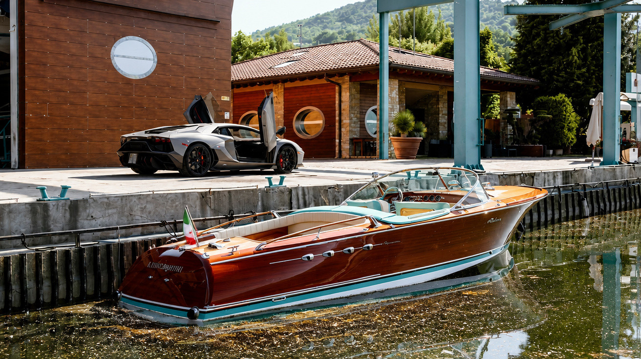 Barco de madeira ancorado em canal com carro esporte prata de portas abertas ao fundo.