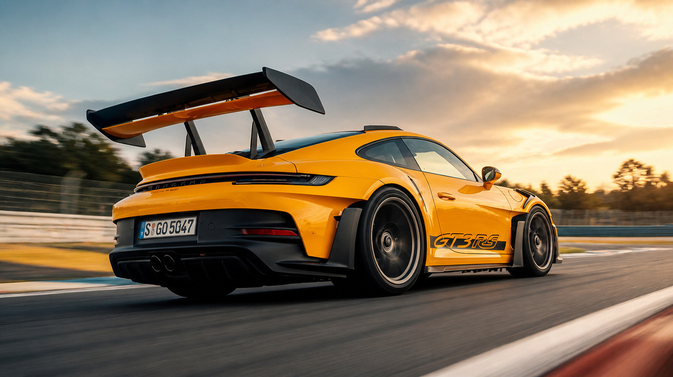 Porsche amarelo GT3 RS em pista de corrida ao pôr do sol com aerofólio traseiro alto.