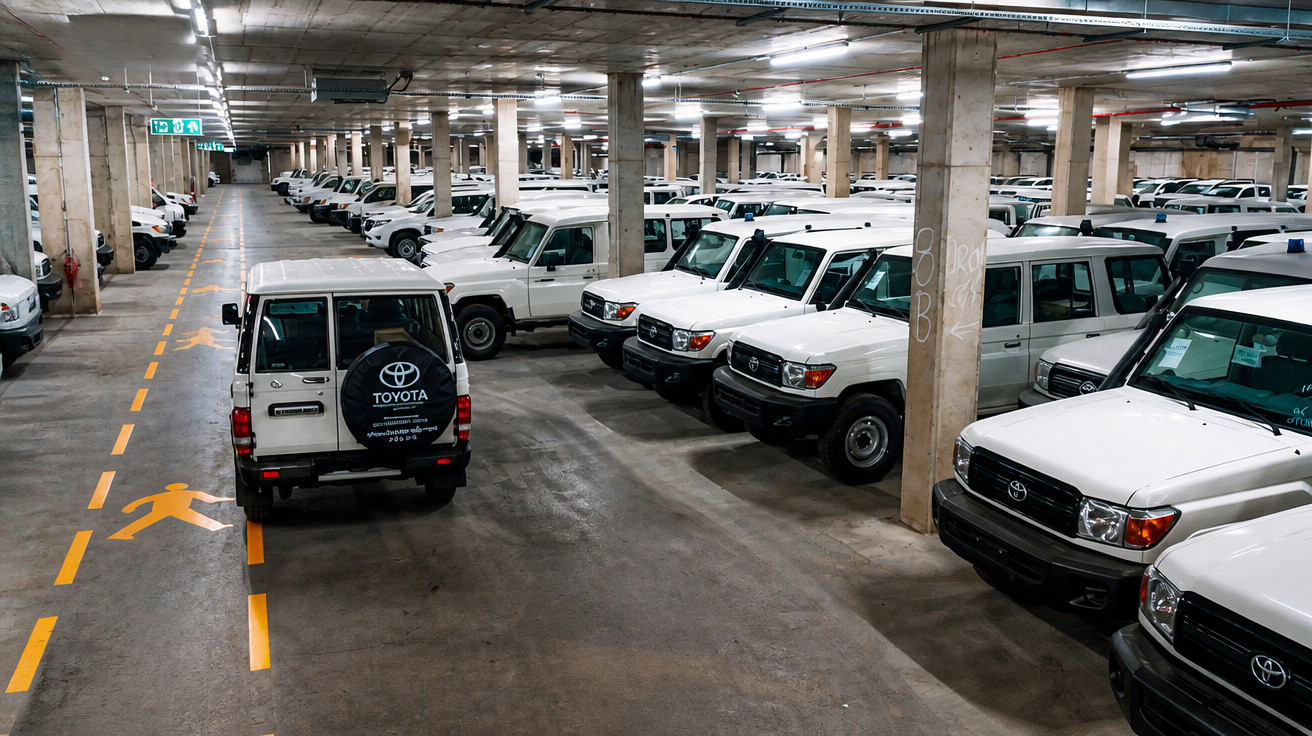 Estacionamento coberto com várias picapes Toyota Land Cruiser brancas alinhadas lado a lado.