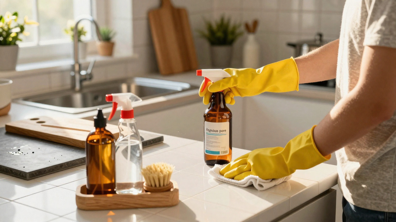 Pessoa com luvas amarelas limpando bancada de cozinha com spray e pano branco.