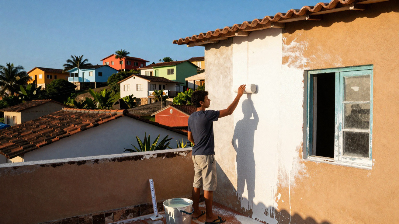 Homem pintando parede externa de casa com cal branca em área residencial ensolarada.
