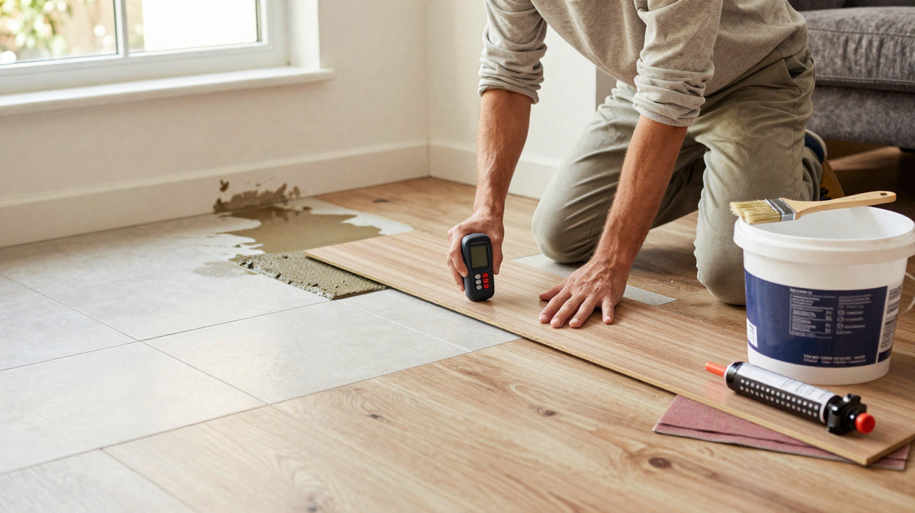Pessoa instalando piso laminado sobre azulejos, com balde, pincel e massa de nivelamento ao lado.