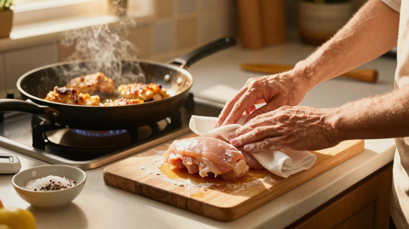 Pessoa limpando filé de frango cru em tábua de madeira com frigideira fritando pedaços de frango ao fundo.