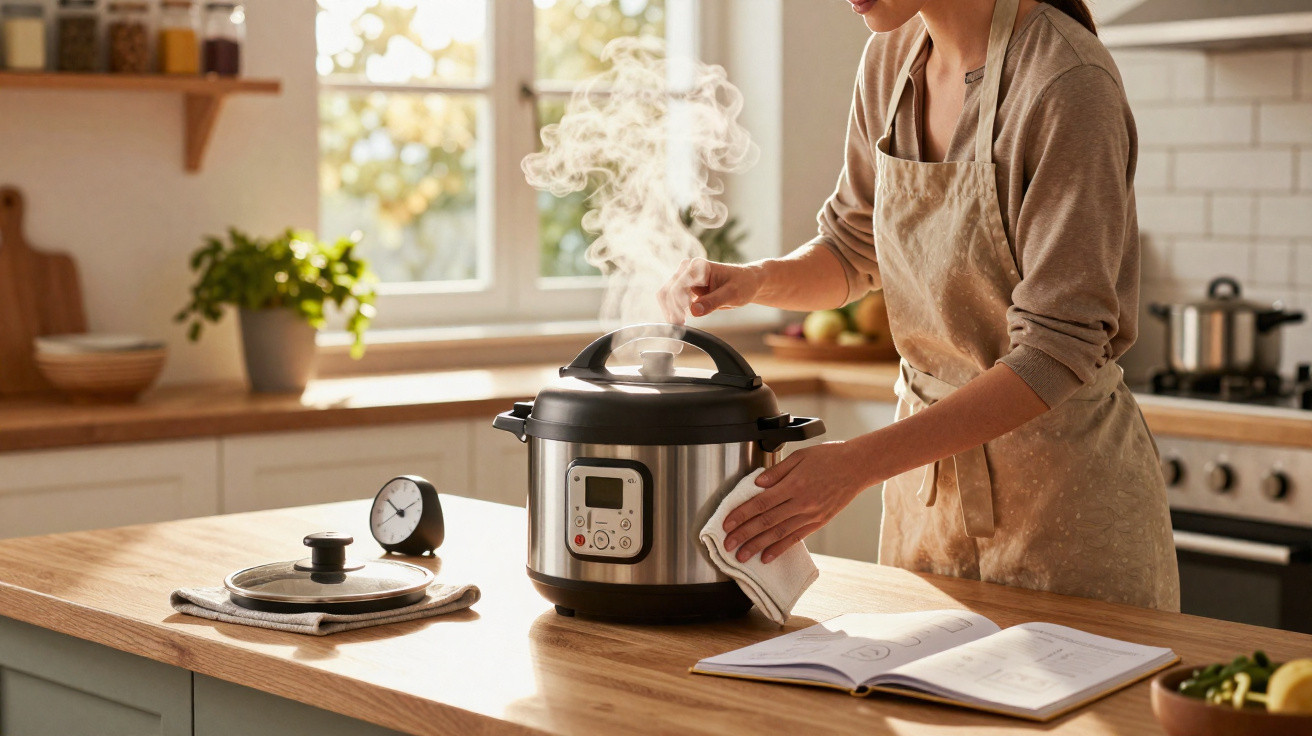 Mulher verifica panela elétrica com vapor saindo enquanto cozinha em cozinha iluminada natural.