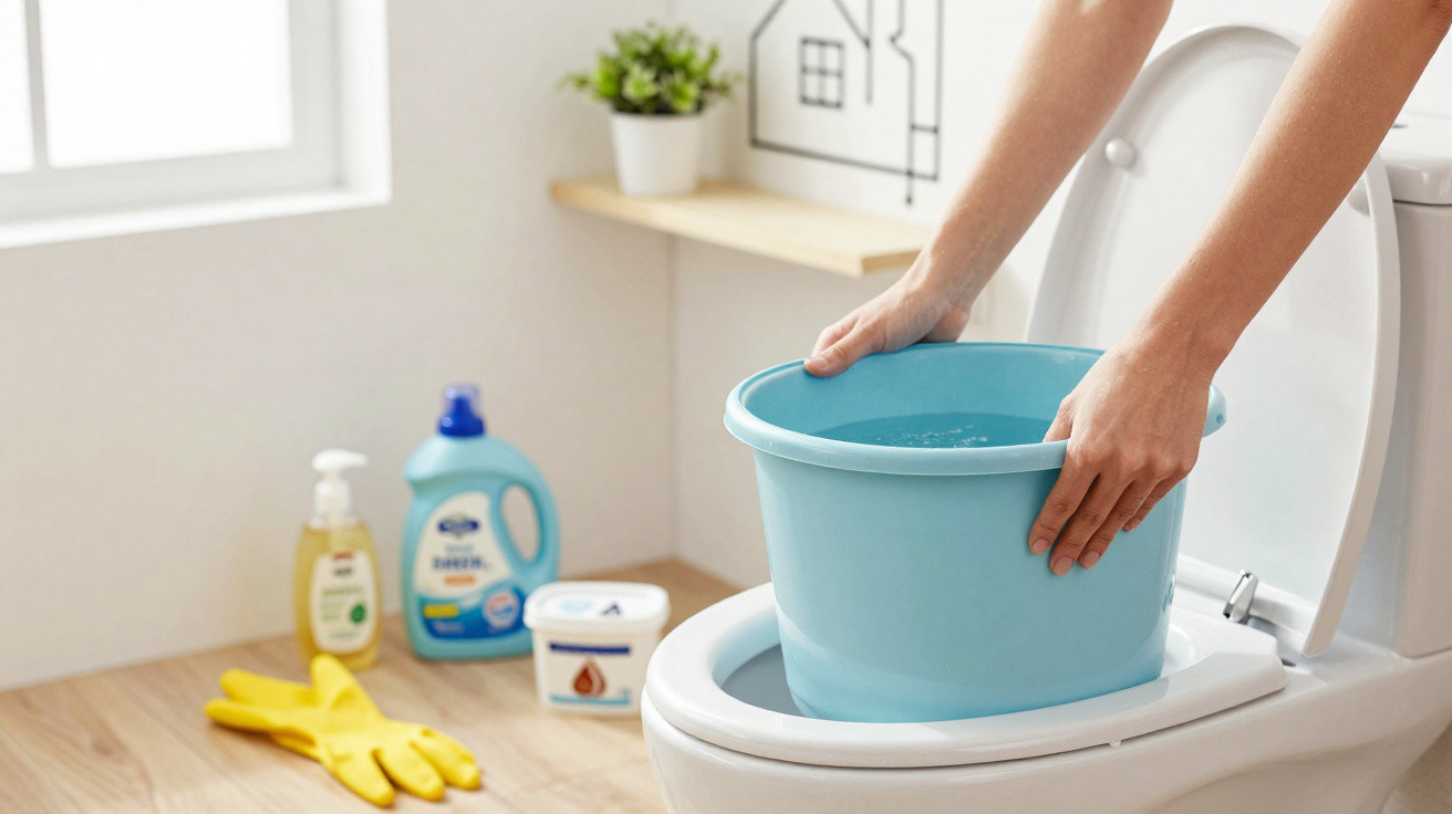 Pessoa colocando balde com água dentro do vaso sanitário para limpeza ou desentupimento.