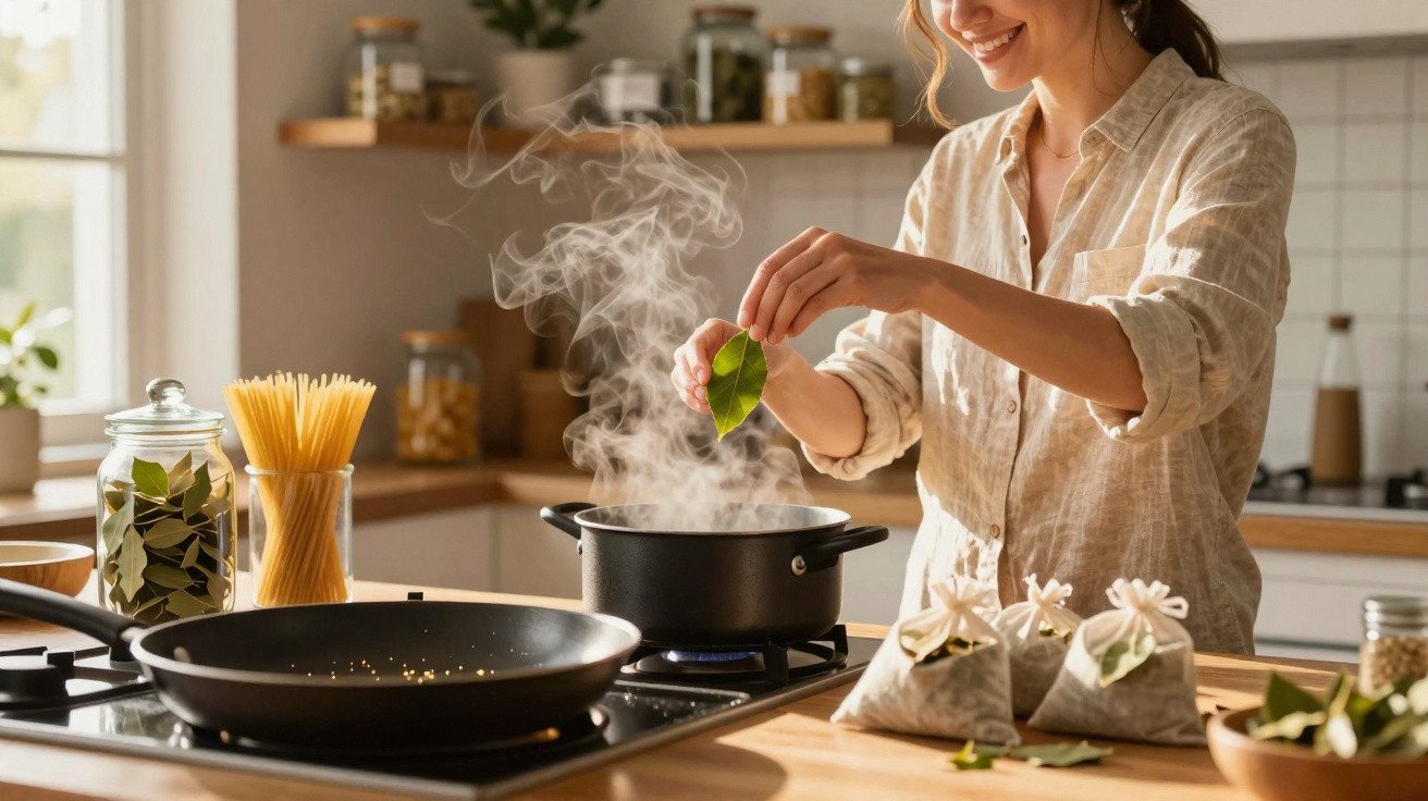 Mulher adiciona folha de louro em panela com vapor na cozinha iluminada e organizada.