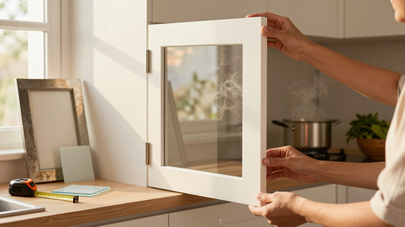 Pessoa abrindo a porta de armário com vidro na cozinha, com panela cozinhando ao fundo.