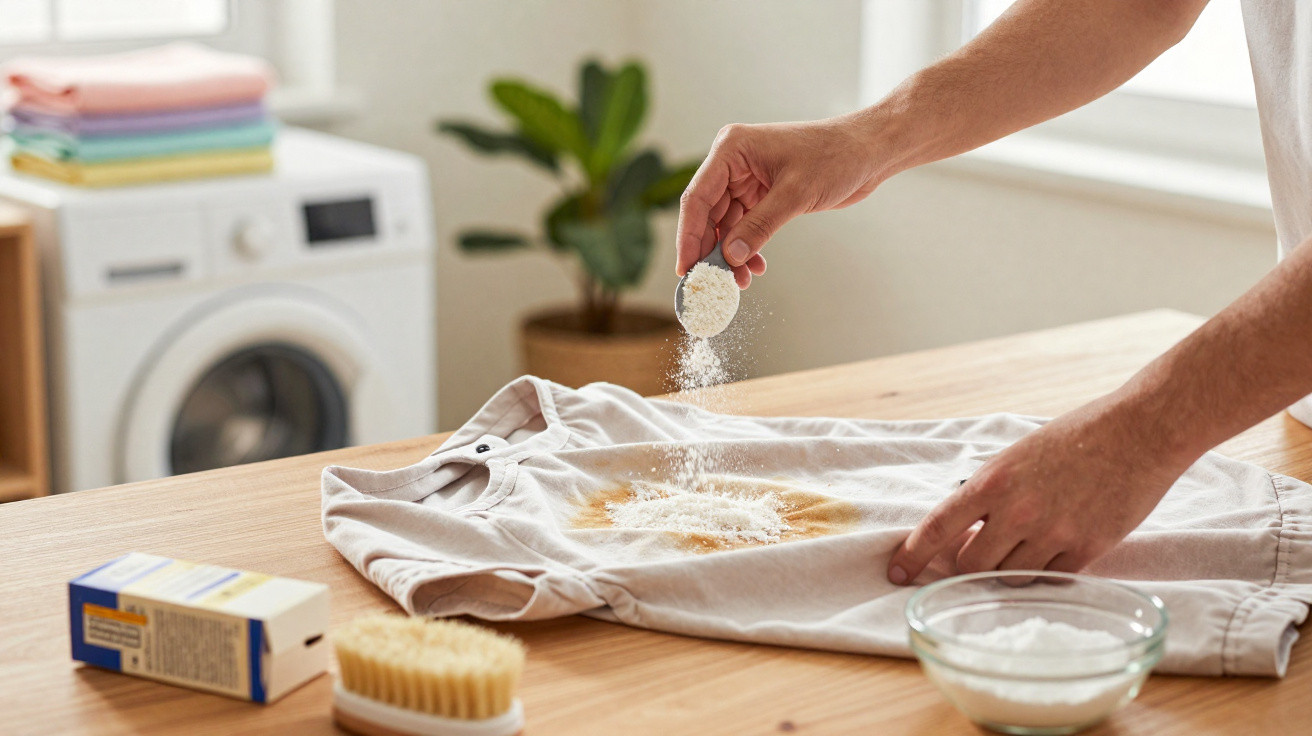 Pessoa aplicando bicarbonato de sódio em camiseta manchada sobre mesa de madeira para remoção de manchas.