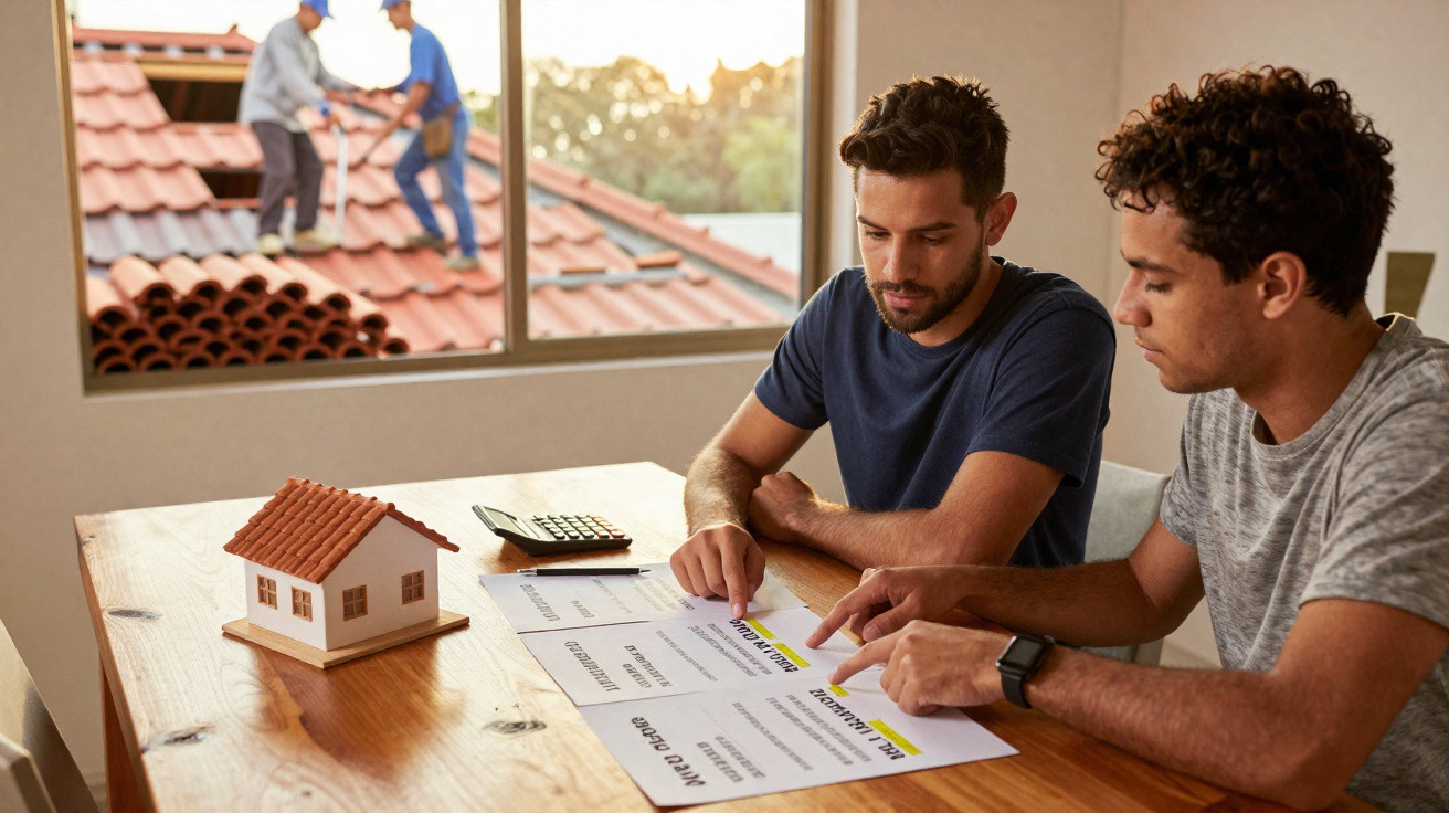 Dois homens analisando documentos imobiliários sentados à mesa com miniatura de casa e trabalhadores no telhado ao fundo.