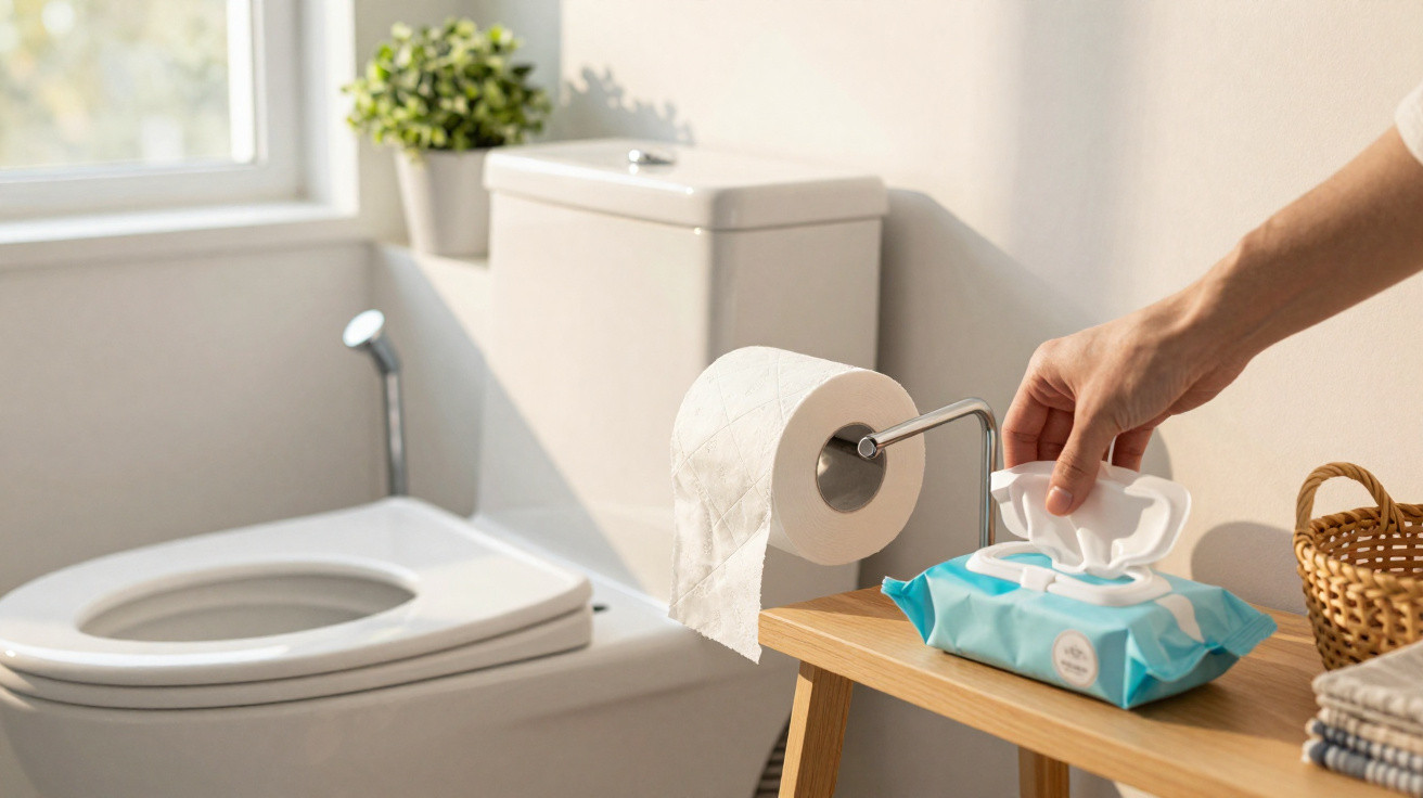 Banheiro claro com vaso sanitário, papel higiênico e mão pegando lenço umedecido sobre mesa de madeira.