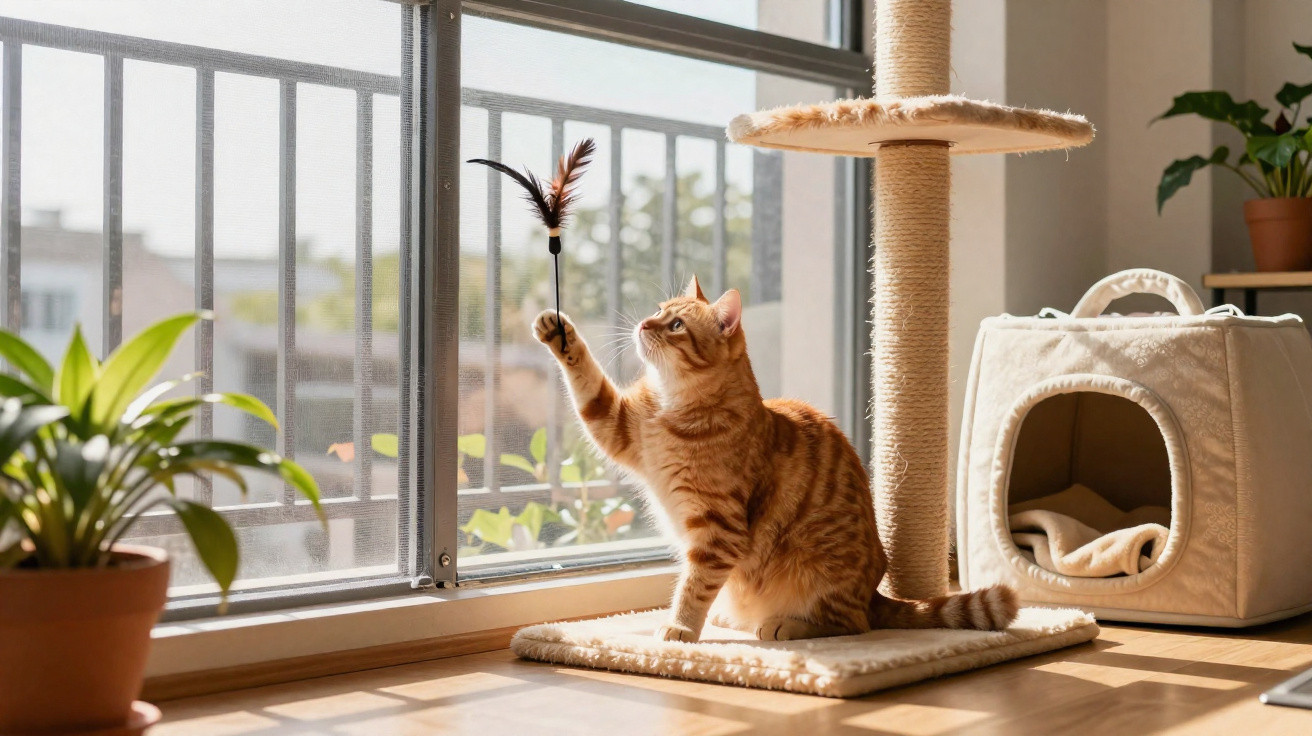 Gato laranja brinca com brinquedo de penas perto da janela em ambiente iluminado e aconchegante.