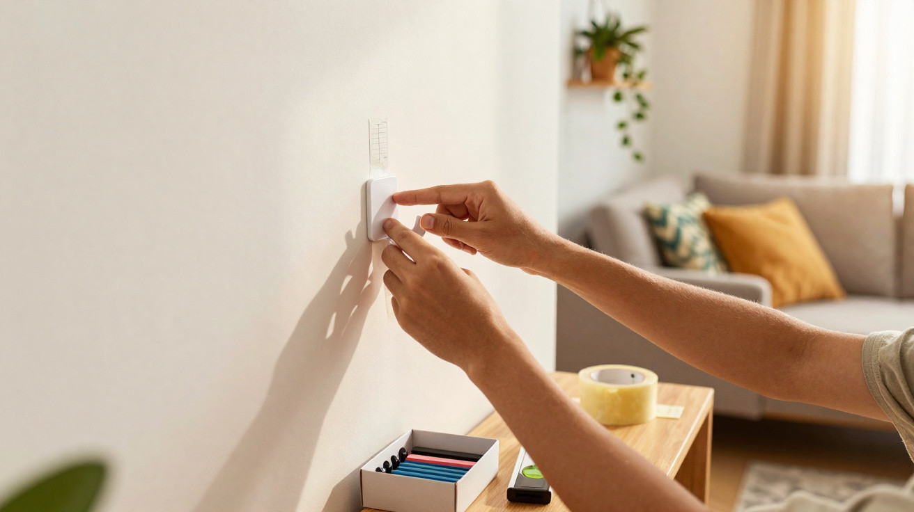Pessoa instalando um adesivo branco em uma parede clara em ambiente doméstico com sofá ao fundo.