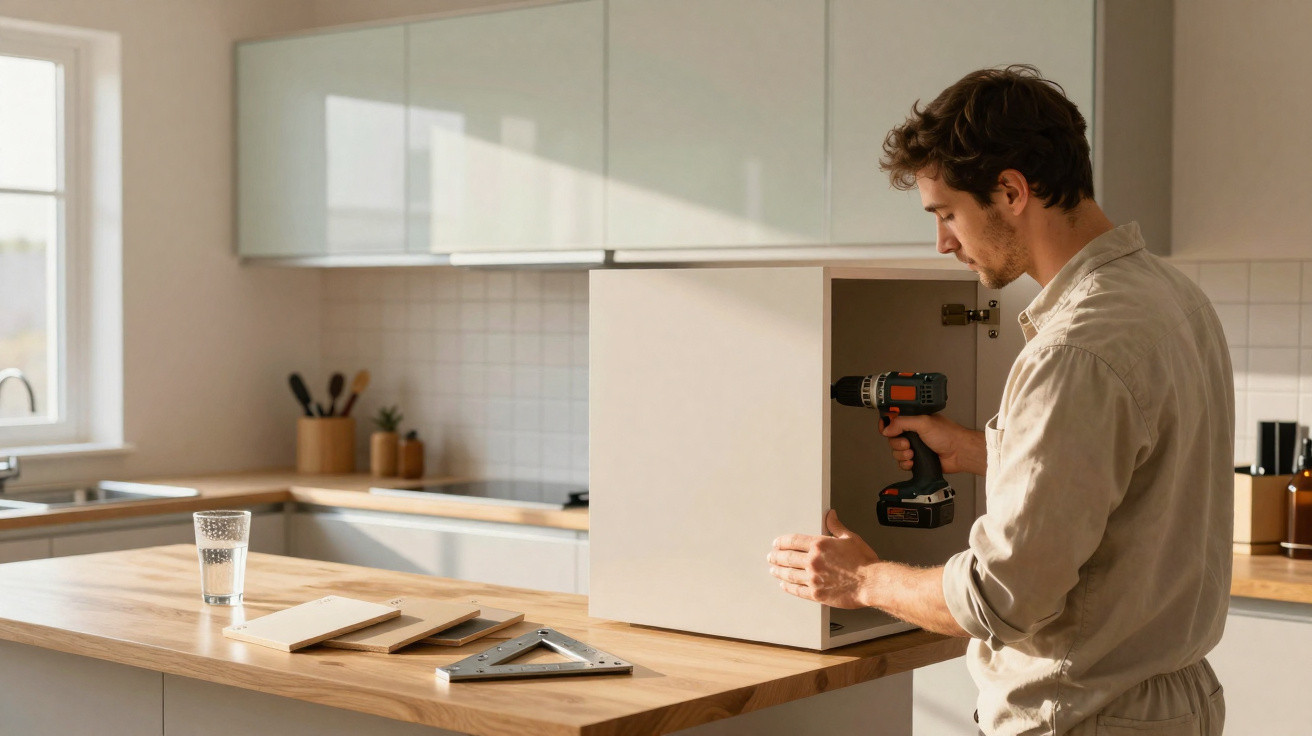 Homem montando móvel branco na cozinha com furadeira em bancada de madeira clara.