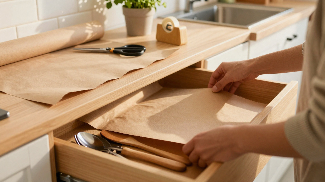 Pessoa forrando gaveta de cozinha com papel kraft para organizar talheres de madeira e metal.