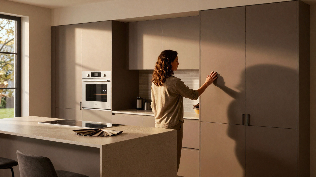 Mulher abrindo armário em cozinha moderna com iluminação quente ao entardecer.
