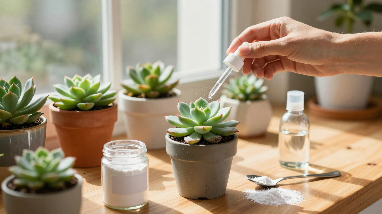 Mão aplicando gotas em suculenta em vaso, com outros vasos e ingredientes naturais sobre bancada de madeira.