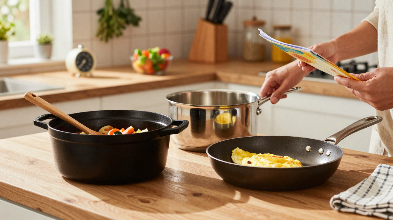 Pessoa consultando receita enquanto cozinha omelete em frigideira com panela e panela de cozimento na bancada de madeira