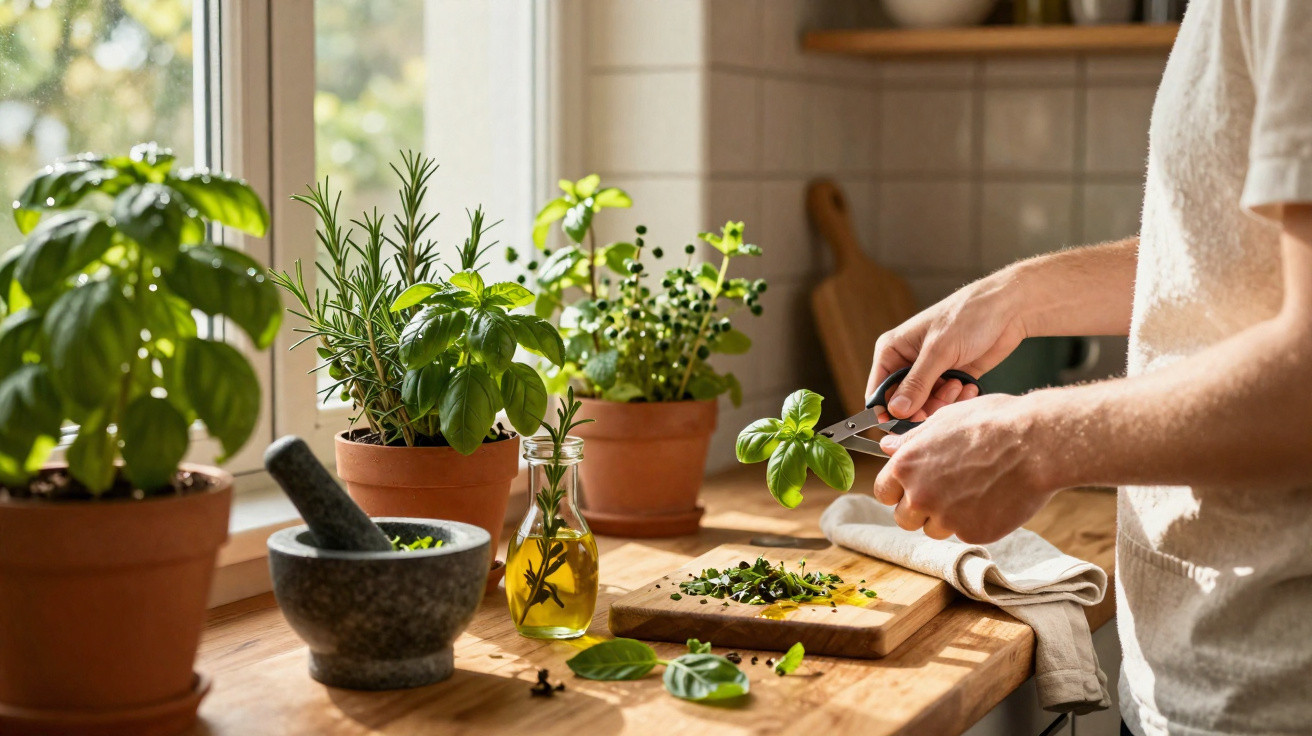 Pessoa cortando folhas de manjericão em uma cozinha com plantas medicinais e azeite na bancada.