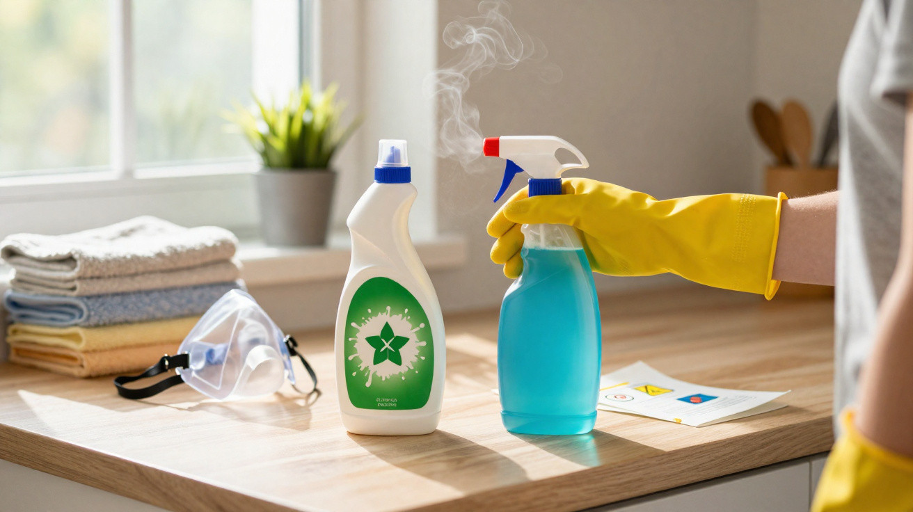 Mão com luva amarela segurando borrifador azul ao lado de produtos de limpeza numa bancada perto de toalhas.