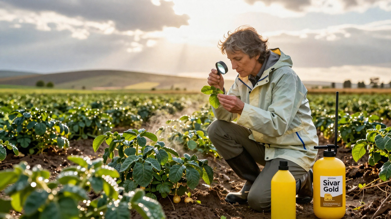 Agricultora examina plantas com lupa em campo ao amanhecer, com dois frascos amarelos ao lado.