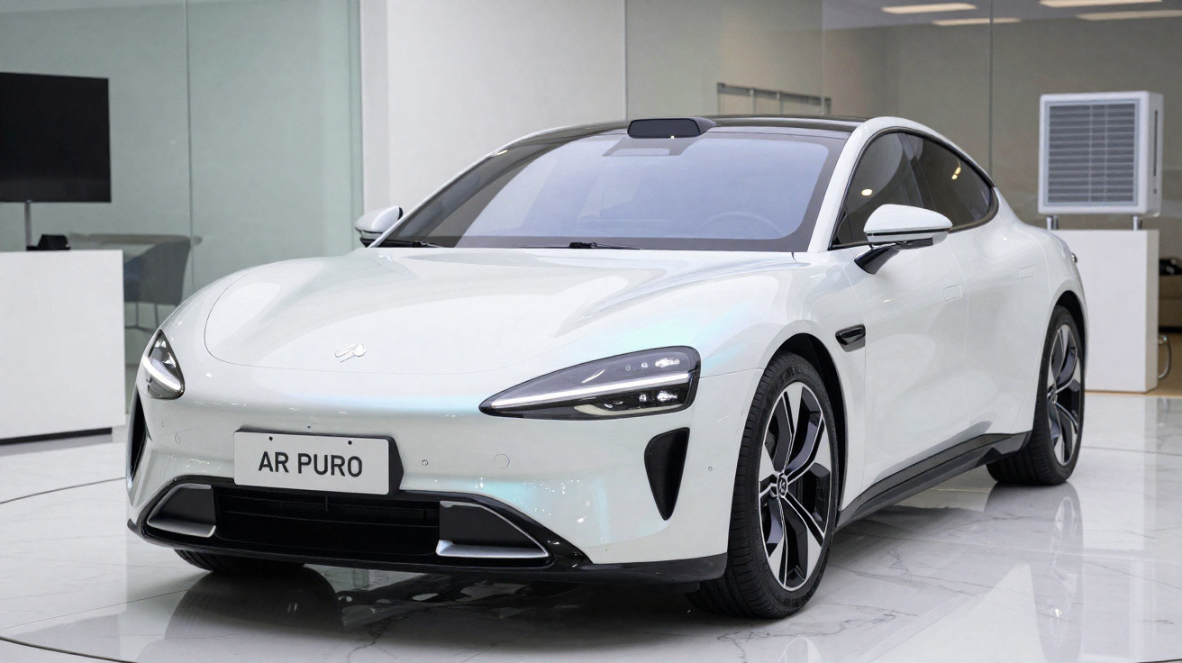 Carro elétrico branco com design moderno exposto em ambiente interno, placa com texto "AR PURO".