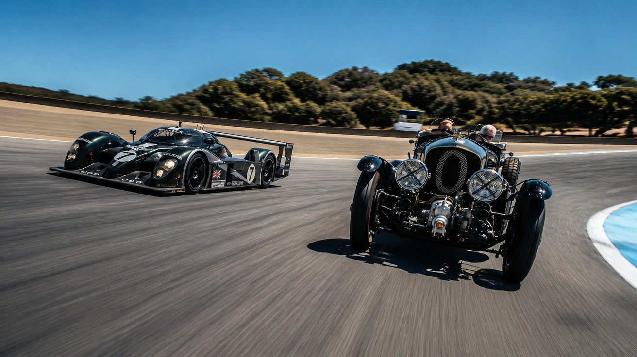 Dois carros de corrida, um clássico e outro moderno, disputando em pista sob céu azul.