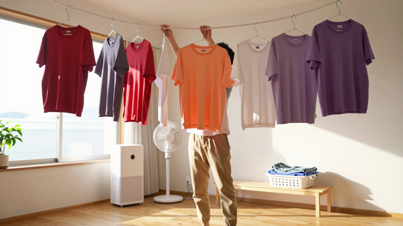 Pessoa pendurando camisetas coloridas em corda dentro de uma sala iluminada pelo sol.