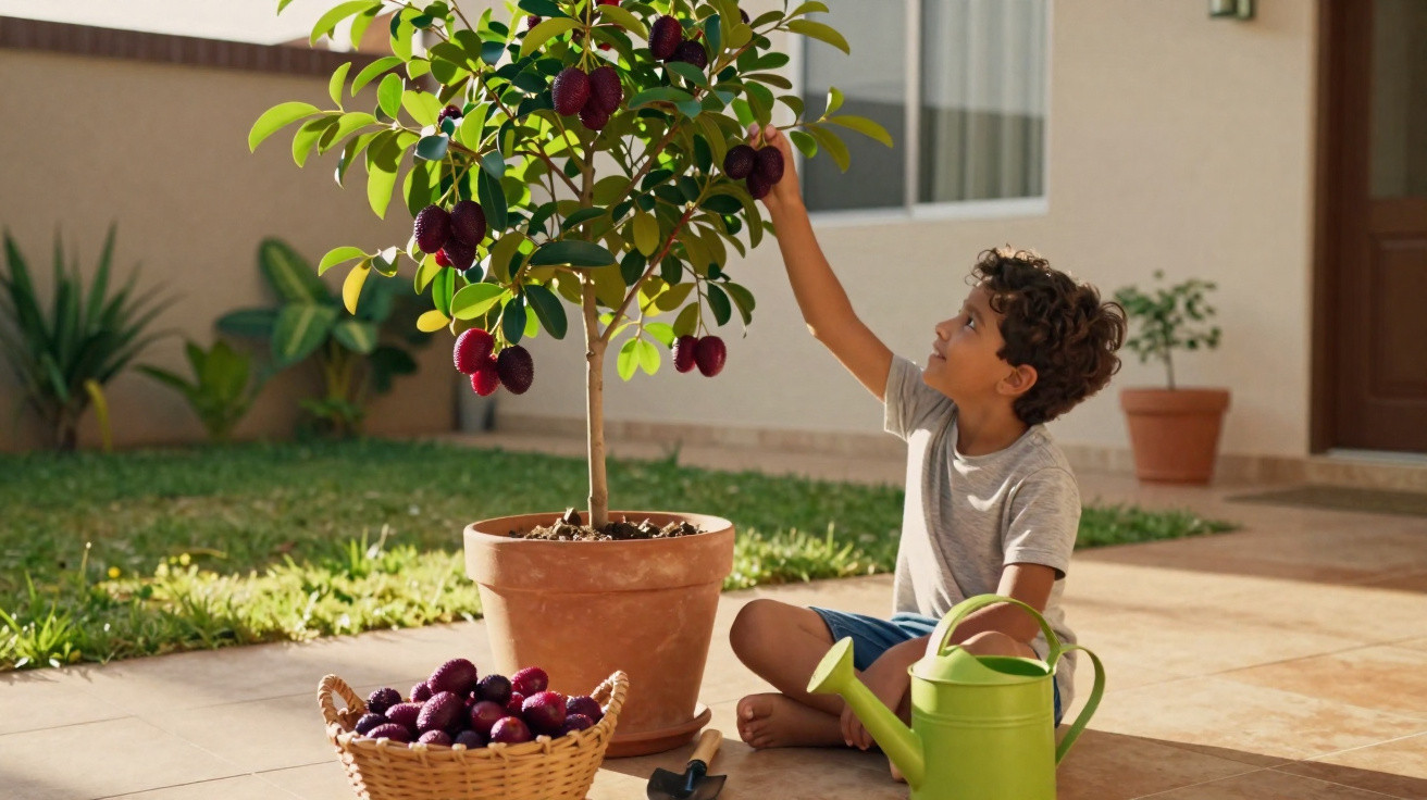 Menino colhendo frutas em árvore de vaso, ao lado regador verde e cesta com frutas no chão.
