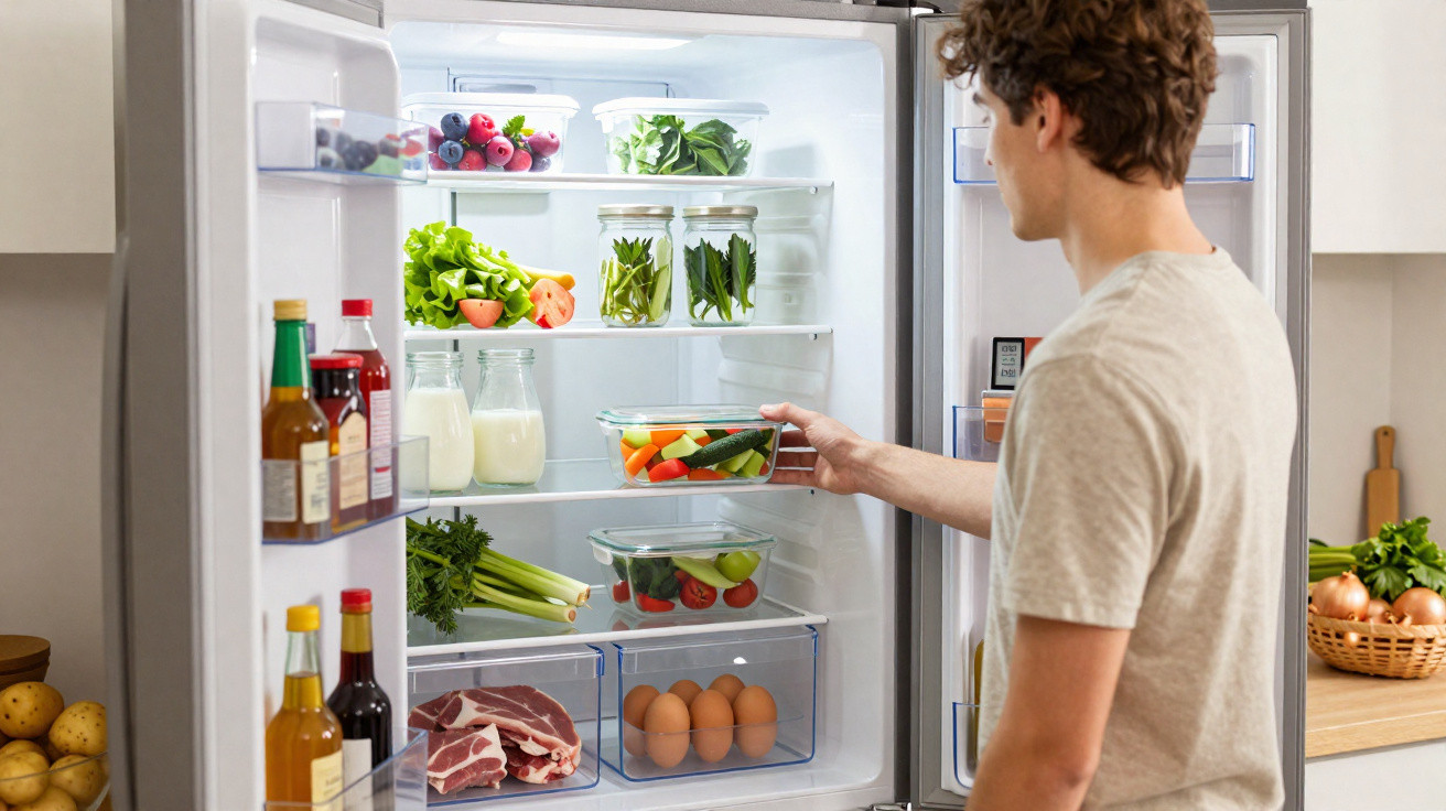 Homem abrindo geladeira organizada com frutas, legumes, ovos, carne e bebidas em recipientes transparentes.