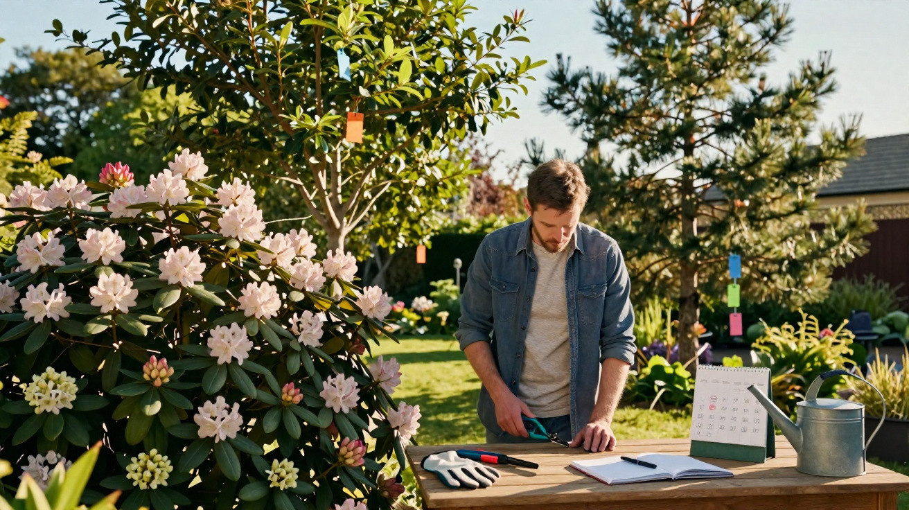 Homem cortando galho em mesa de jardim com flores, ferramentas, regador e agenda ao ar livre.