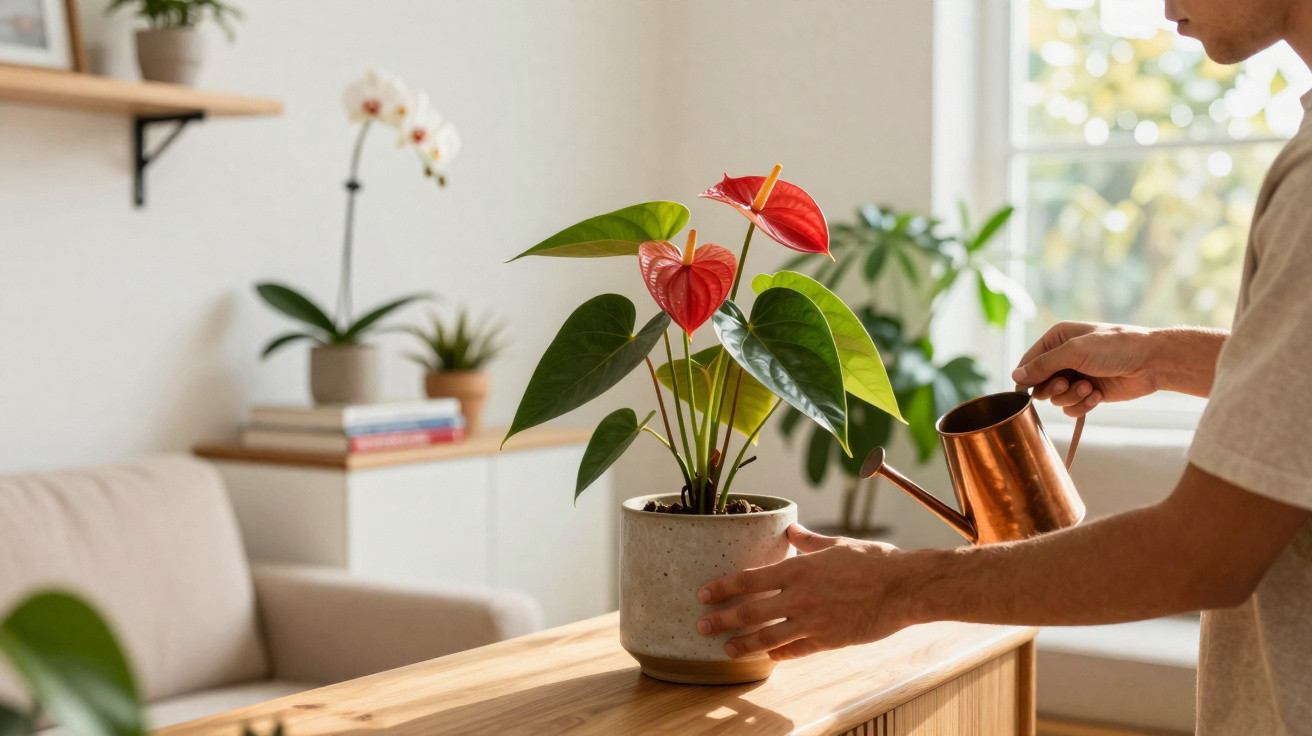 Pessoa regando planta antúrio vermelha em vaso sobre mesa de madeira em sala iluminada.