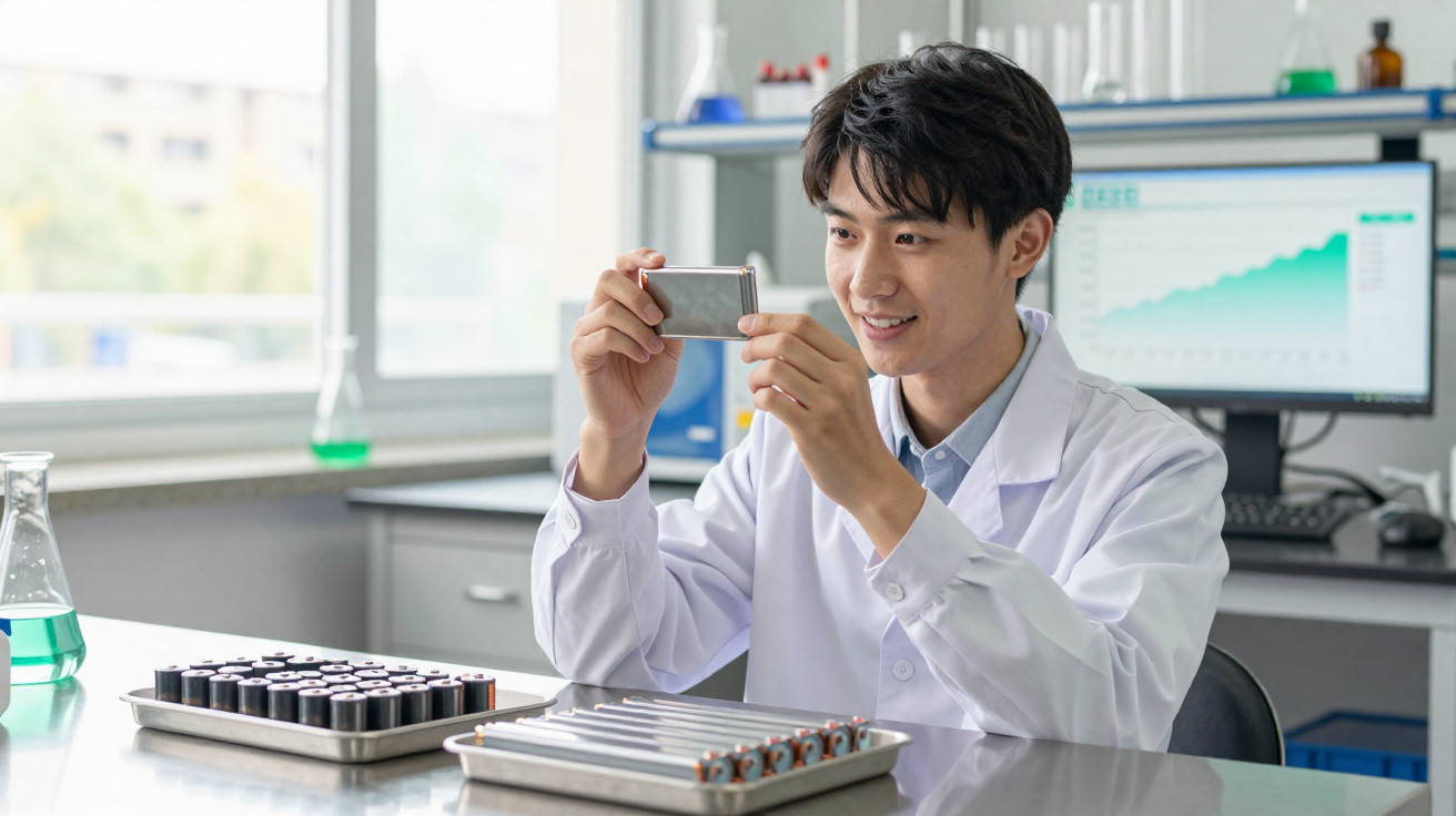 Cientista em laboratório analisando bateria com gráficos e equipamentos científicos ao fundo.
