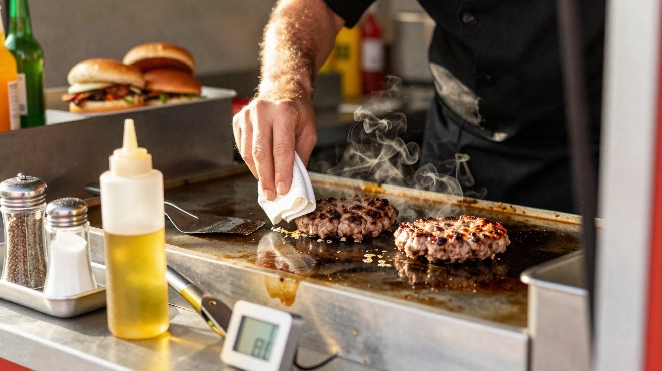 Mão de cozinheiro temperando hambúrgueres grelhando em chapa quente com sanduíches ao fundo.