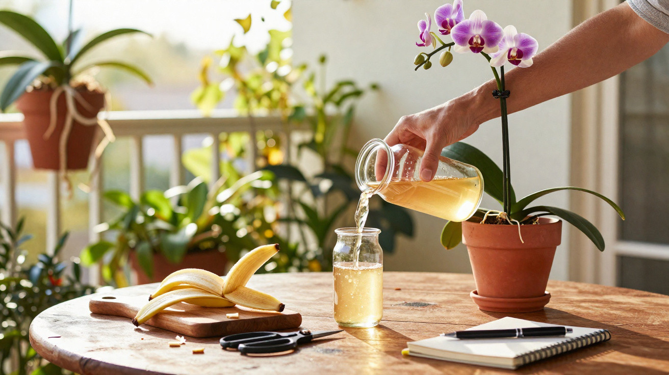 Pessoa regando orquídea roxa em vaso na mesa com banana, tesoura, caderno e caneta em varanda iluminada.