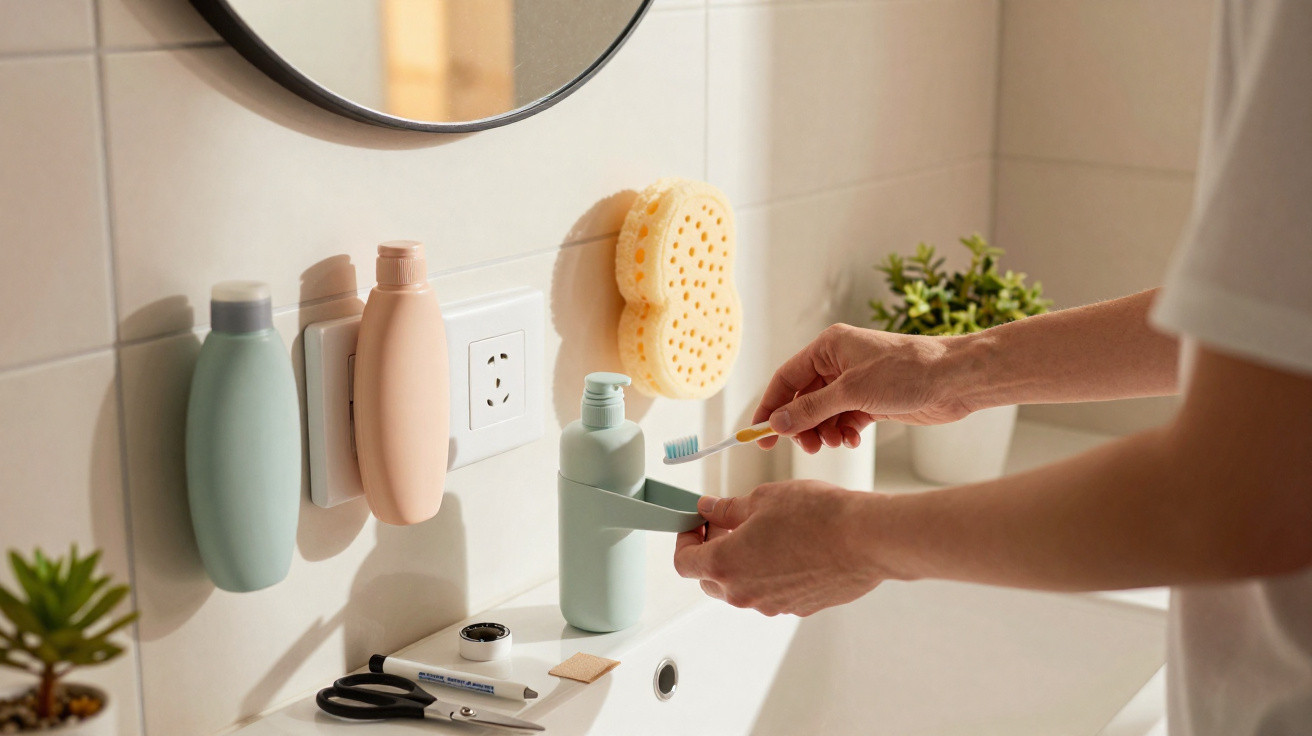 Pessoa pegando creme dental em dispenser para escovar os dentes em banheiro iluminado e organizado.
