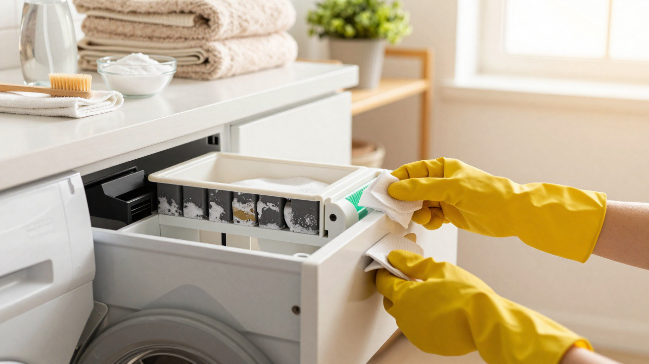Mãos com luvas amarelas limpando compartimento de detergente de máquina de lavar roupa branca.