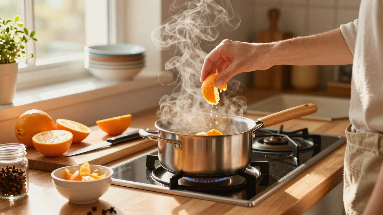 Mão espremendo casca de laranja em panela com vapor no fogão em cozinha iluminada pela janela.