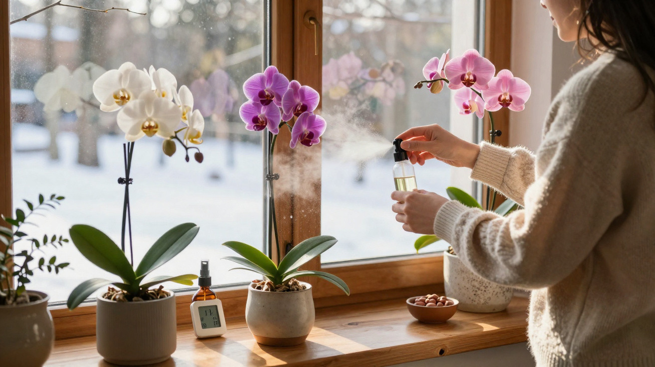 Pessoa borrifando água em orquídeas rosas e brancas sobre parapeito de madeira em janela com neve do lado de fora.