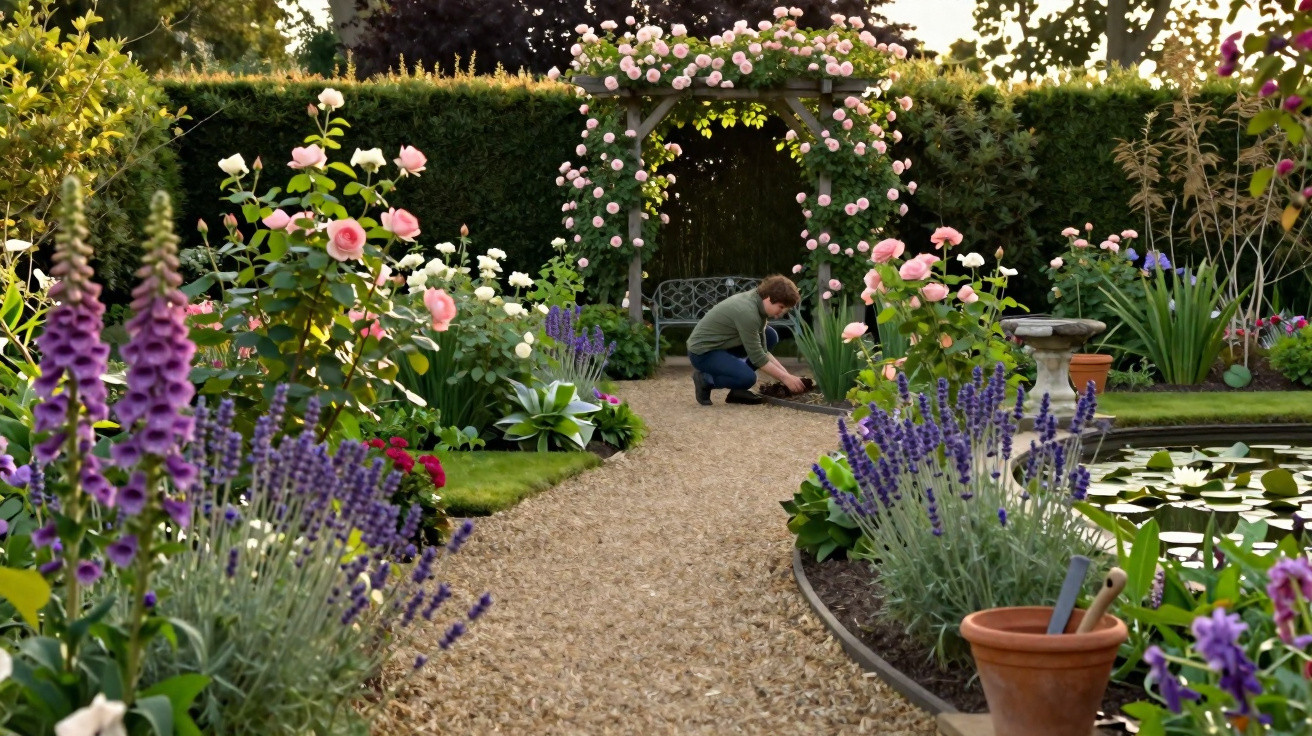Homem cuidando do jardim florido com caminho de cascalho e arco de rosas ao fundo.