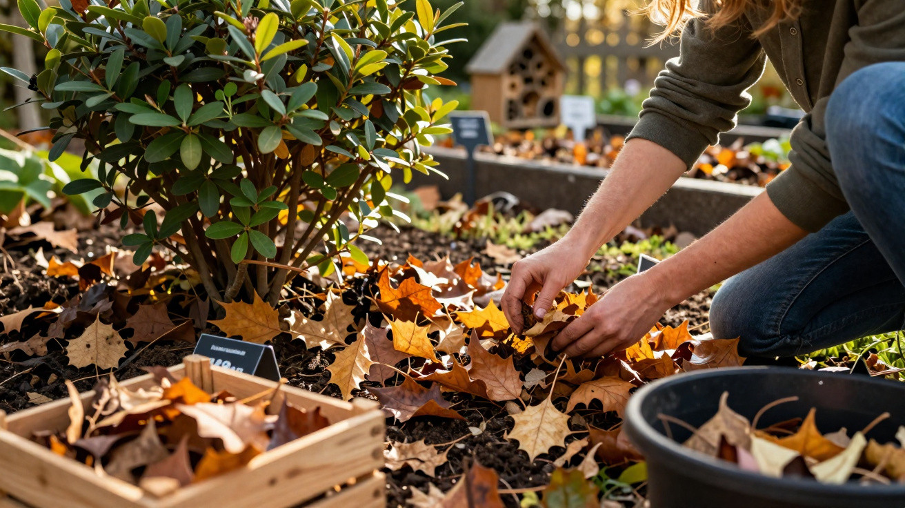 Pessoa recolhendo folhas secas em canteiro de jardim com plantas e cestos ao redor.
