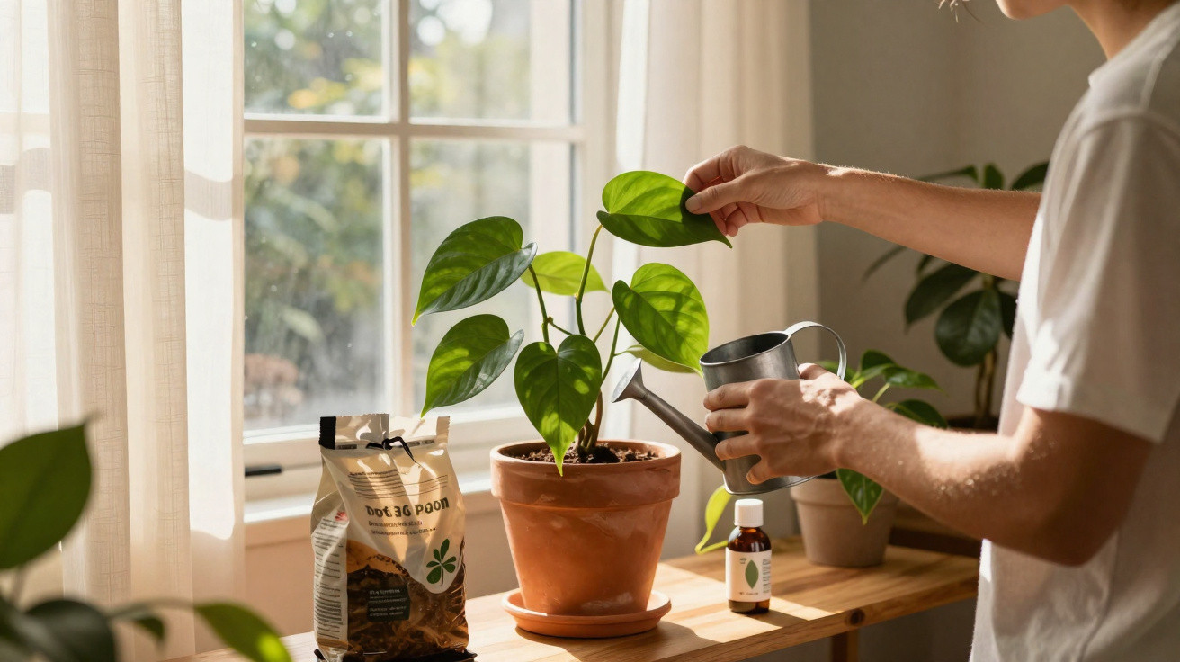 Pessoa cuidando de planta em vaso de barro perto de janela em ambiente iluminado e interno.
