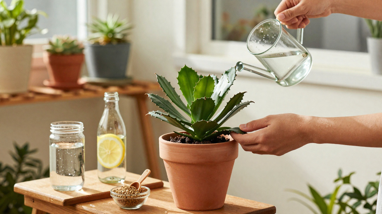 Mãos regando planta suculenta em vaso de barro sobre mesa de madeira com jarra e pote ao lado.