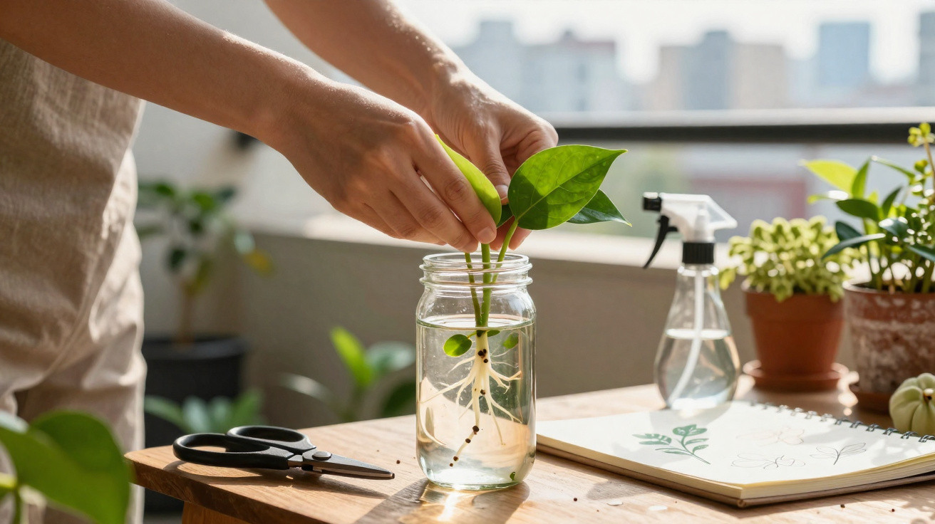 Pessoa cuidando de muda de planta em jarro com água, ao lado de tesoura, borrifador e caderno de desenho.