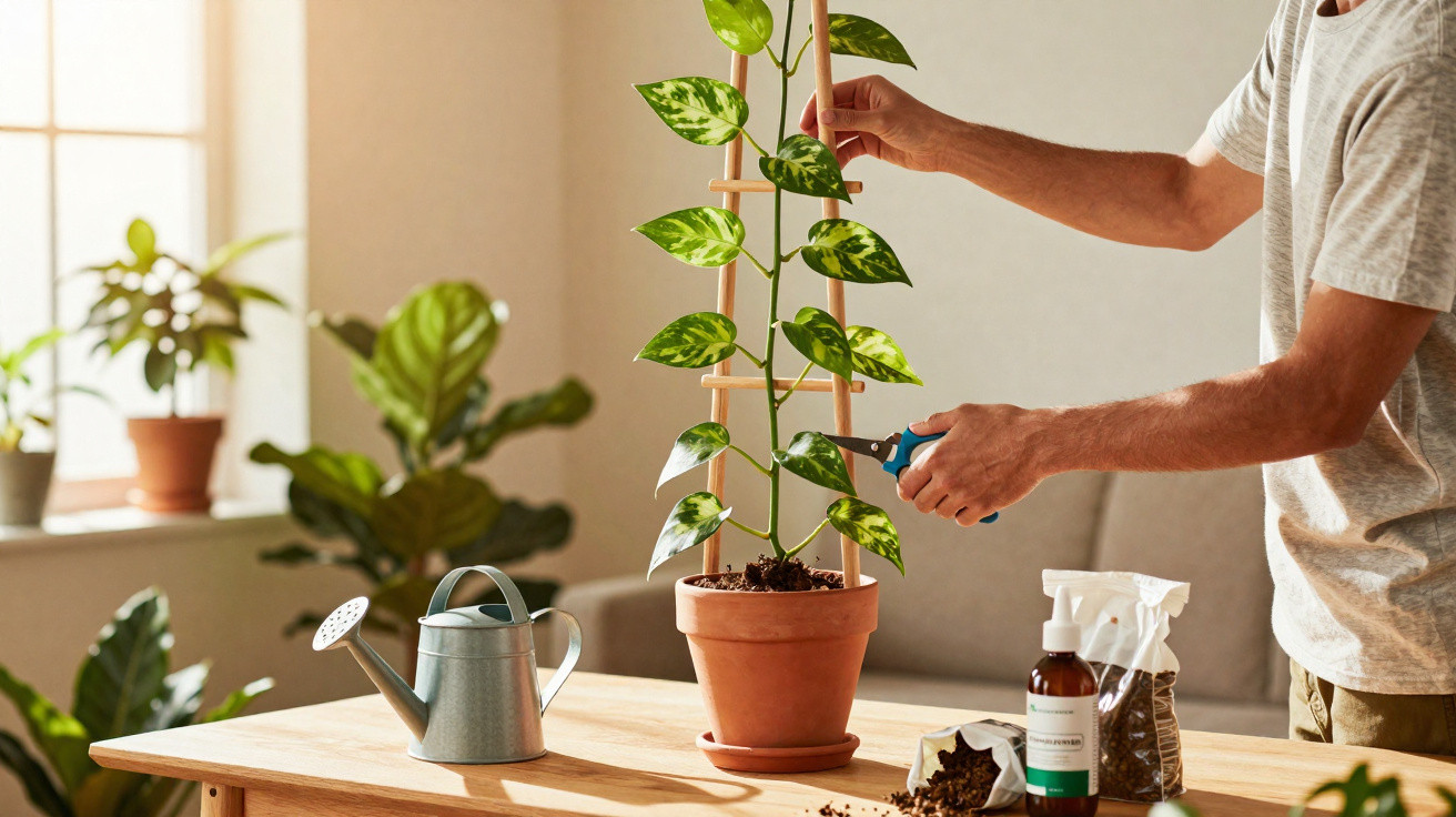 Pessoa podando planta em vaso com tesoura, regador e produtos para cuidados sobre a mesa em ambiente interno.