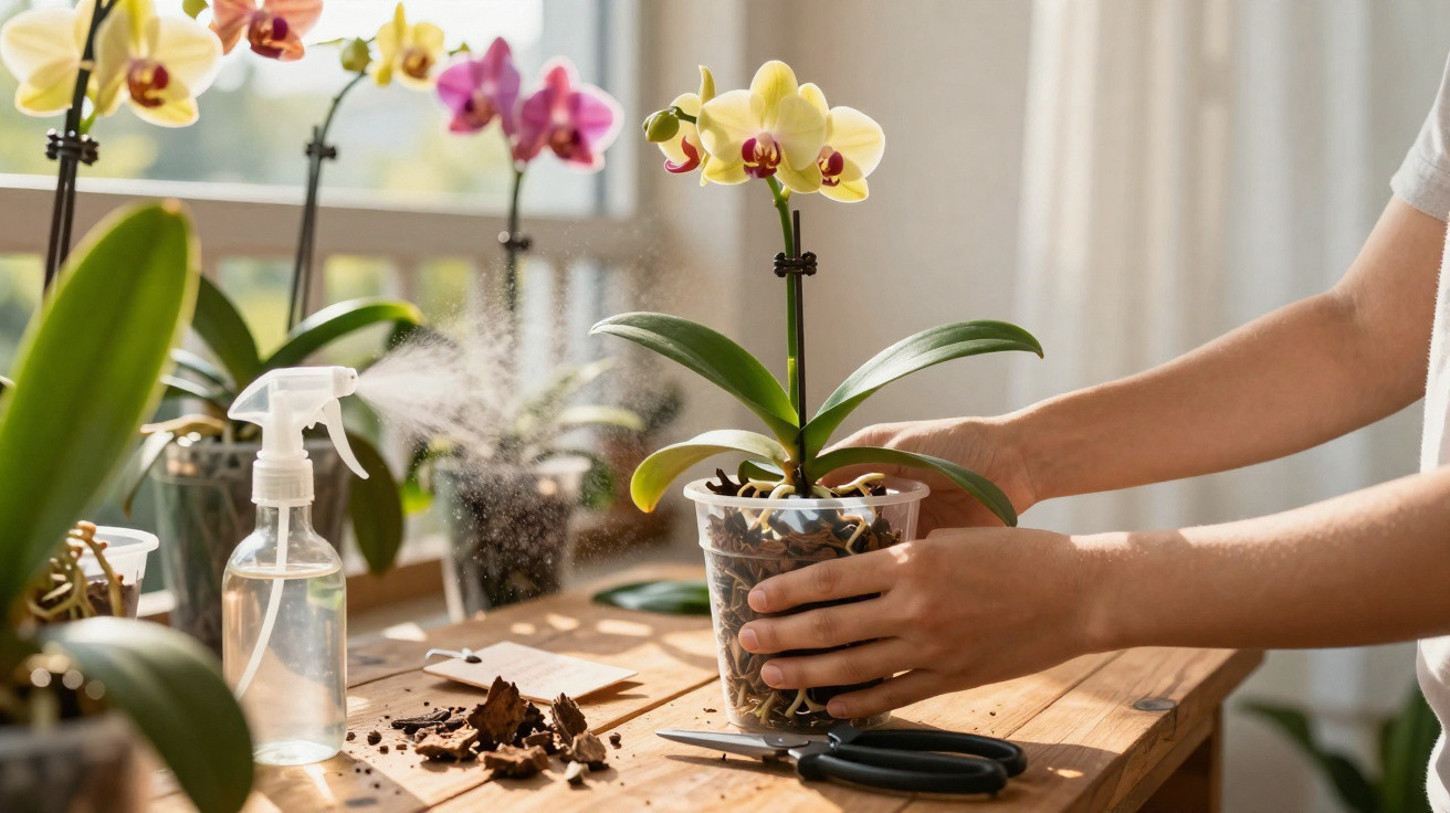 Pessoa cuidando de orquídea amarela em vaso transparente sobre mesa de madeira iluminada pela luz natural.
