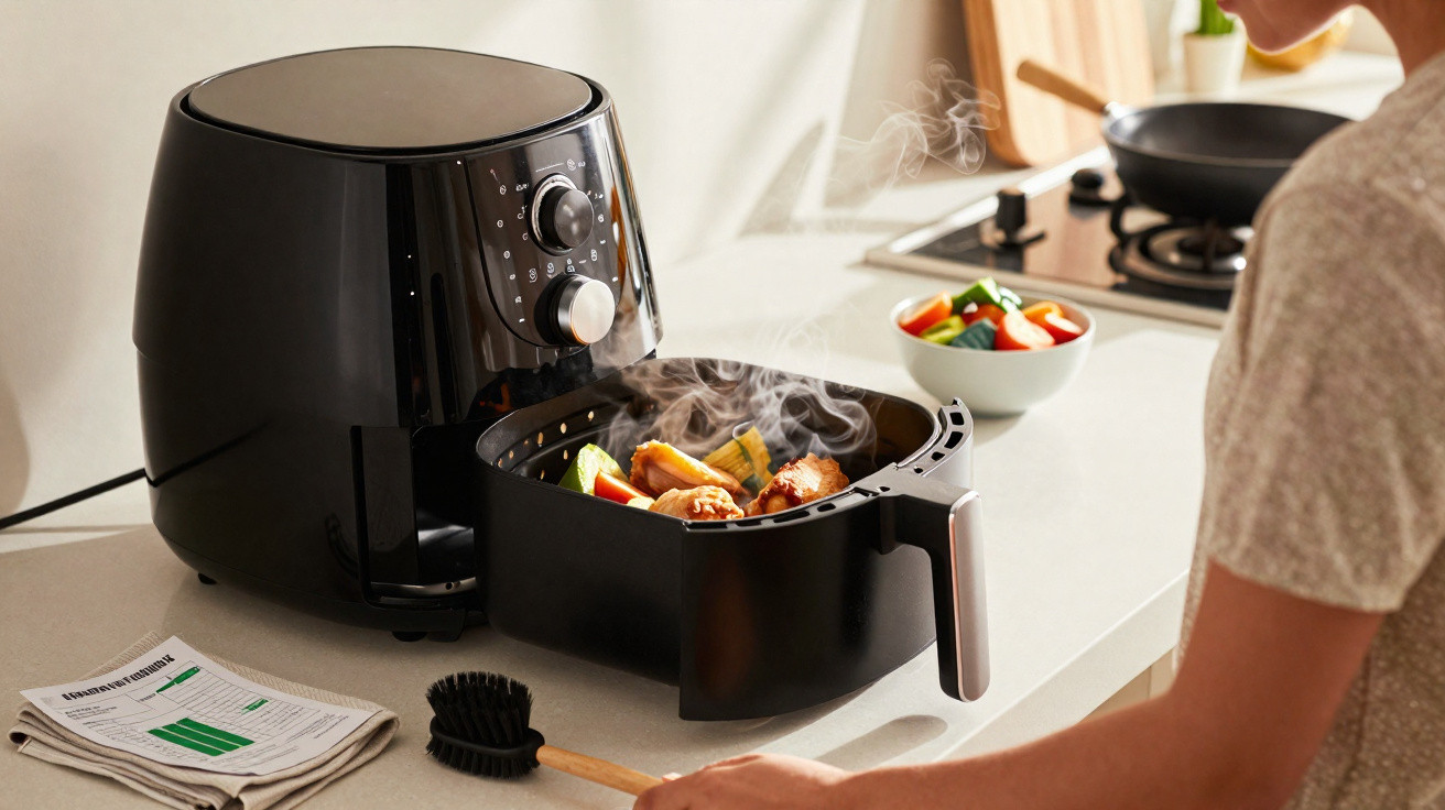 Pessoa perto de air fryer preta com alimentos cozidos e vapor saindo na bancada da cozinha.